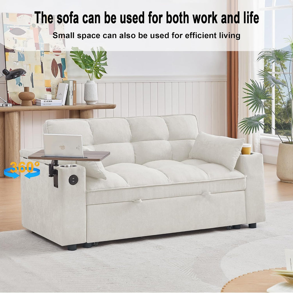Auvsoce 65'' Convertible Sleeper Sofa Bed with Adjustable Backrest, Chaise Lounge, Side Table & USB/Type-C Ports – Stylish & Functional Addition to Any Living Room (White)