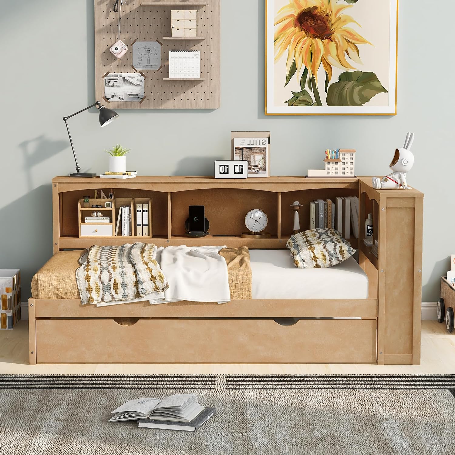 Harper & Bright Designs Twin Size Daybed with Trundle, Storage Bookcases, and USB Ports,Wood Twin Platform Bed with Headboard, Twin Size Sofa Bed Frame for Bedroom Living Room (Wood Color)