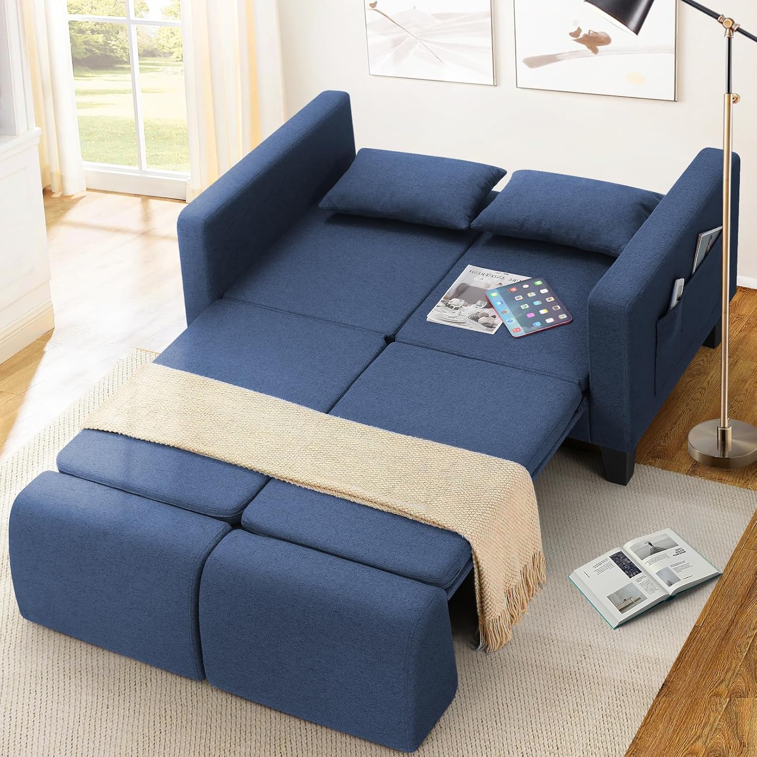 SEJOV 6-in-1 Convertible Sofa Bed, 58' Loveseat Sleeper Sofas with Pull Out Couch Bed, Removable Backrest, Storage Pockets and 2 Pillows, Modern Folding Linen Futon Couch for Small Spaces, Blue