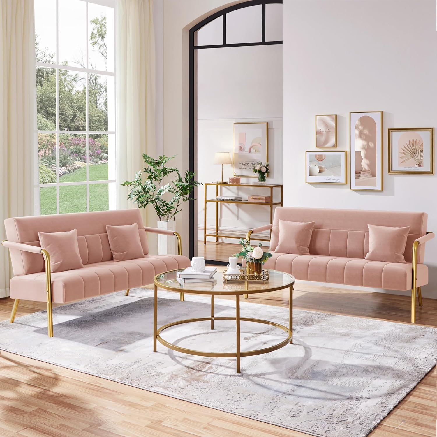 Yaheetech 56.5' W Modern Sofa Small Sofa Luxurious Velvet Fabric Couch with Gold-Tone Metal Arms and Legs for Living Room, Home Office, Studio Pink