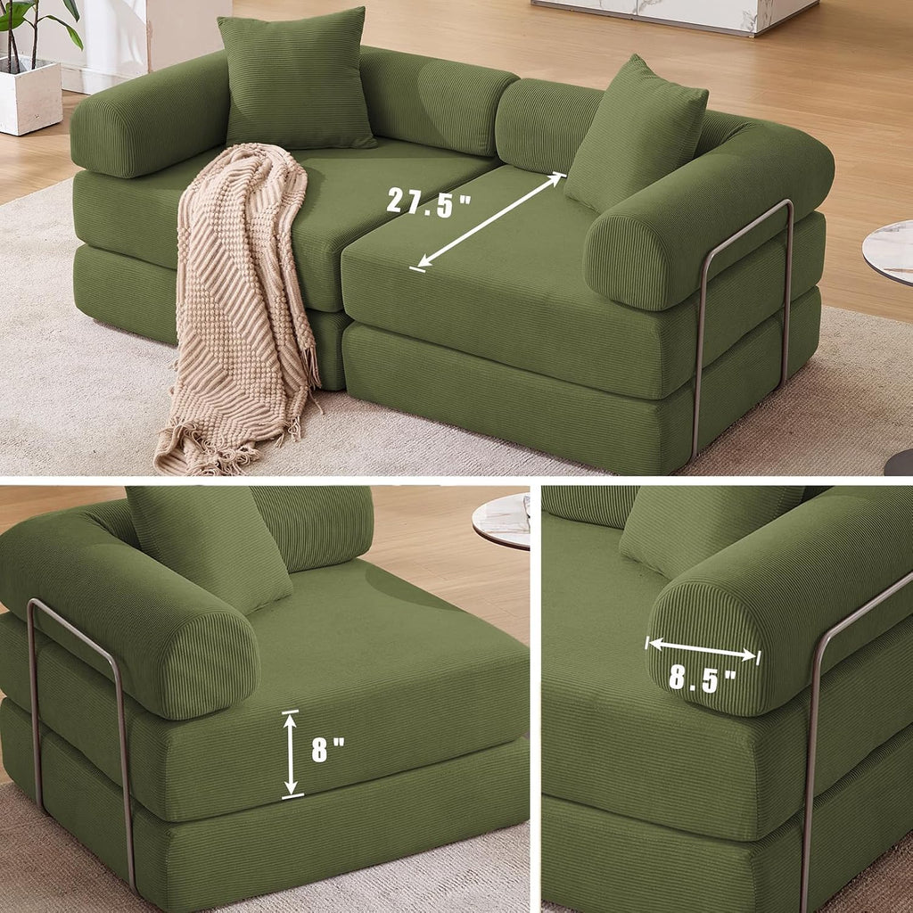 73' Convertible Modular Folding Sofa Bed, 5-in-1 DIY Combination Fold Out Sleeper Sofa Bed, Loveseat sleeper Couch with Removable Armrests, Corduroy Floor Couch, Small couches for small spaces, Green