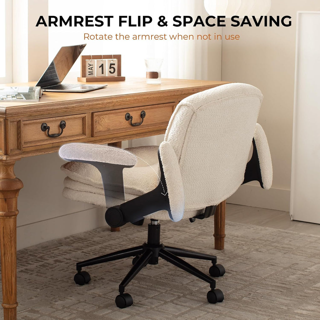 Dowinx Criss Cross Chair with Adjustable Flip-up Arms and Wheels, Comfort Ergonomic Office Desk Armchair with 3 Layer Cushions, Wide Seat Vanity Chair for Home Office, Living Room, Bedroom, Beige