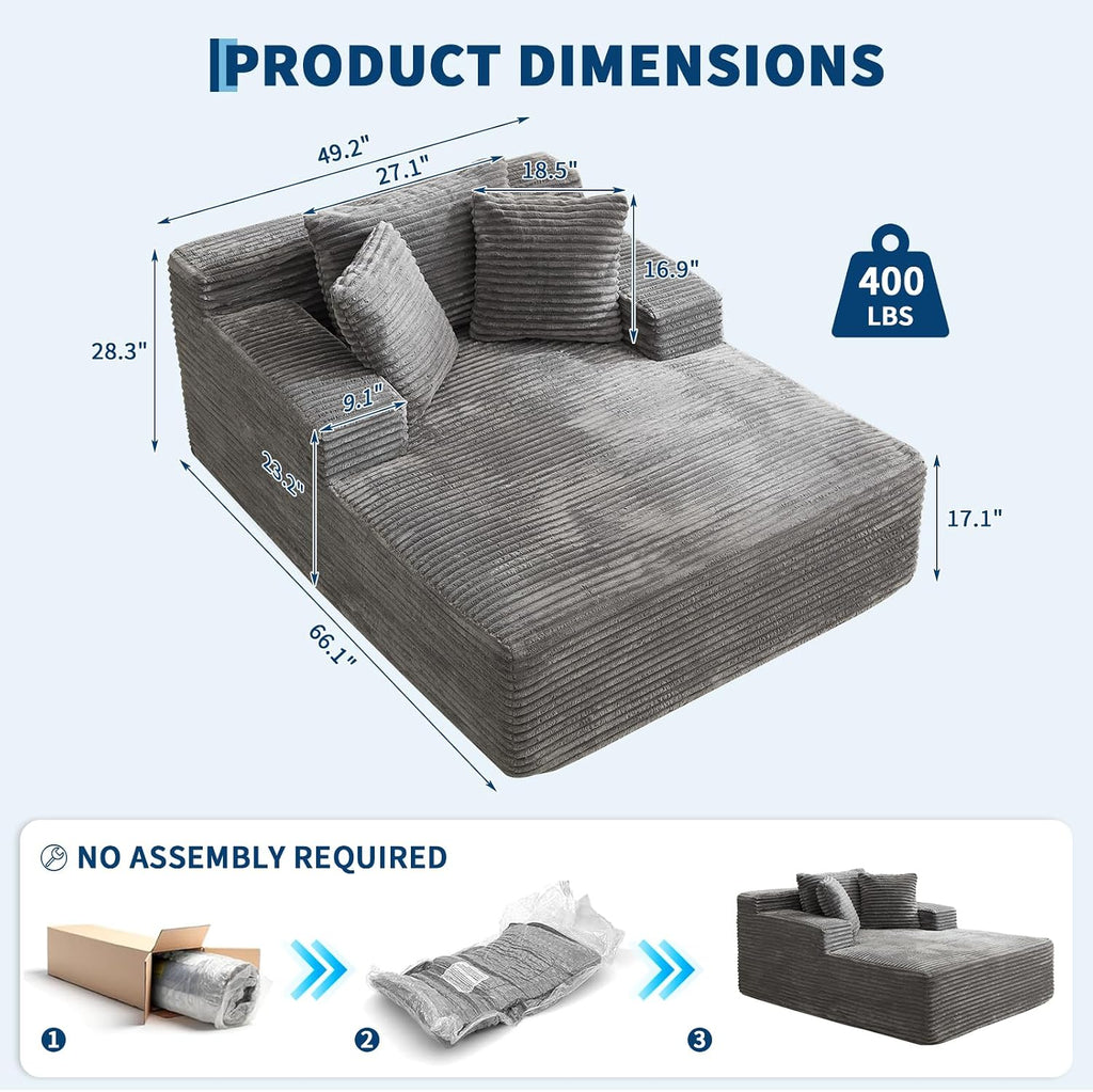 Garvee 50' Oversized Chaise Lounge Indoor Boneless Couch with 3 Pillows Corduroy Sofa Bed, Comfy Sleeper Chair for Living Room Bedroom Reading Chair No Assembly Required, Grey