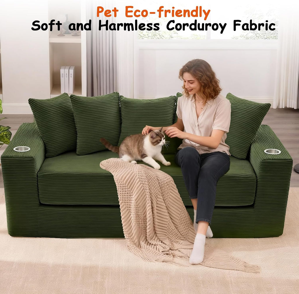 76' Convertible Sofa Bed, 2-in-1 Boneless Sleeper Sofa with Cup Holder & Pocket, Corduroy Pull Out Couch with 5 Pillows, Couch Bed for Living Room, Small Spaces, Bedroom, No Assembly