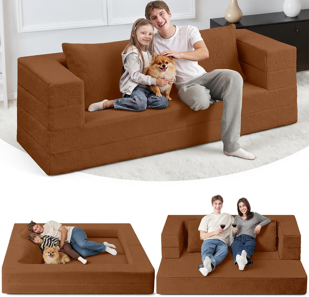 Folding Bean Bag Chair for Adults,3-in-1 Bean Bag Couch Faux Fur Floor Sofa Large Beanbag Convertible Bean Bag Sofa Bed with Pillow in Bedroom,Living Room,Apartment(Queen,Caramel)