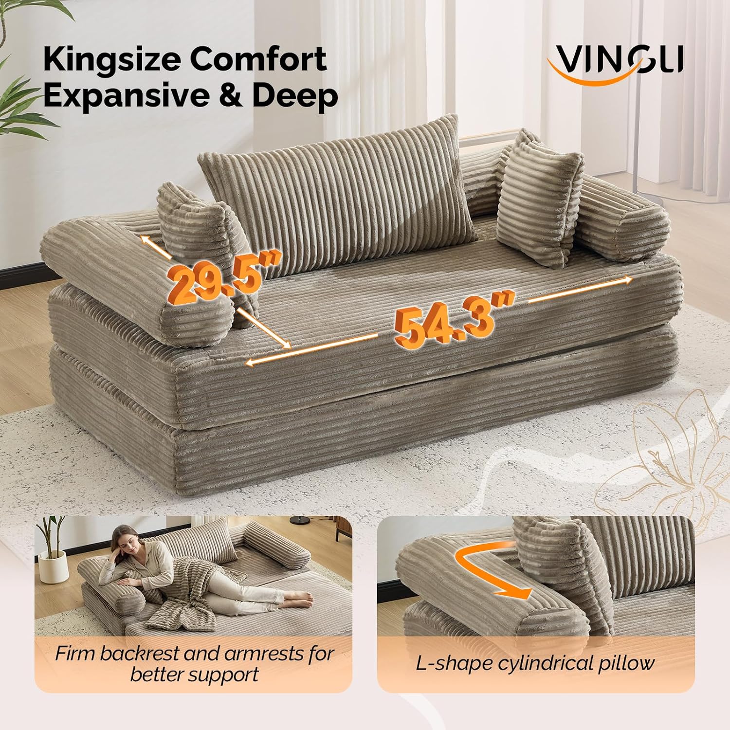 VINGLI Convertible Futon Sofa Bed, Upholstered Corduroy Boneless Couch King Size Floor Loveseat Sleeper Sofa with 2-in-1 Throw Pillow & Blanket Couches for Living Room, Bedroom, Lounge, Gray