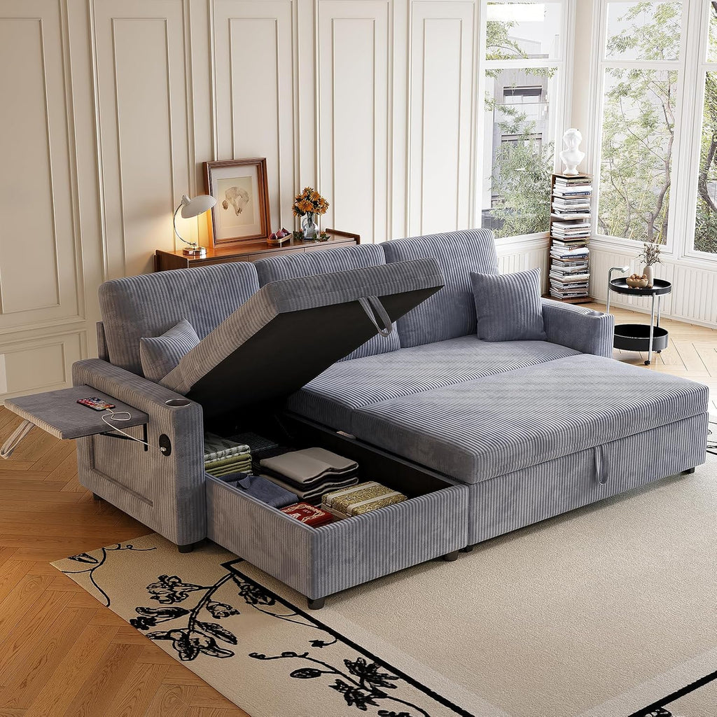 Sleeper Sectional Sofa, 83' Convertible Sofa Bed with Pull Out Couches, Small Desktop, L Shaped Couch with Reversible Chaise, Cup Holders, USB, Modern Corduroy Sofas for Living Room Apartment, Grey