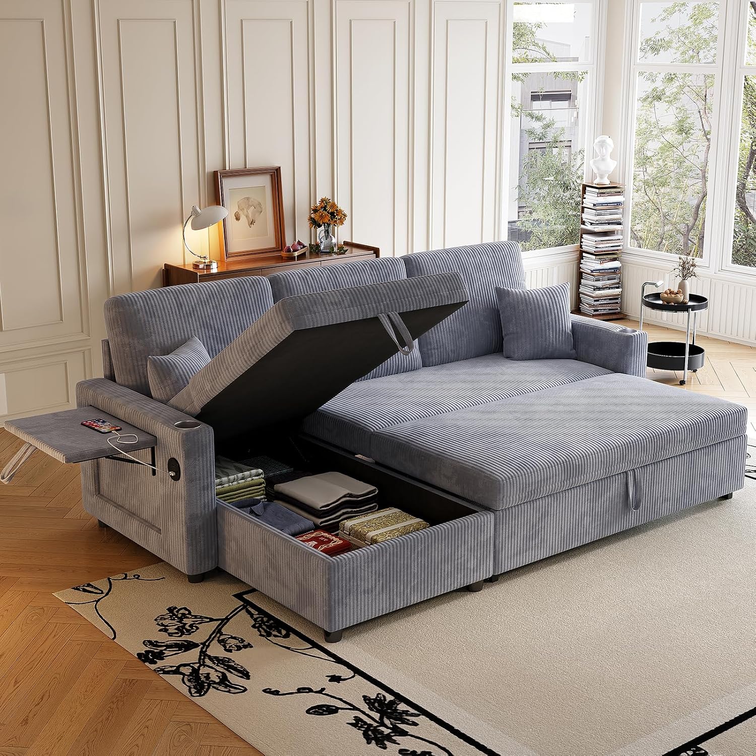 Sleeper Sectional Sofa, 83' Convertible Sofa Bed with Pull Out Couches, Small Desktop, L Shaped Couch with Reversible Chaise, Cup Holders, USB, Modern Corduroy Sofas for Living Room Apartment, Grey