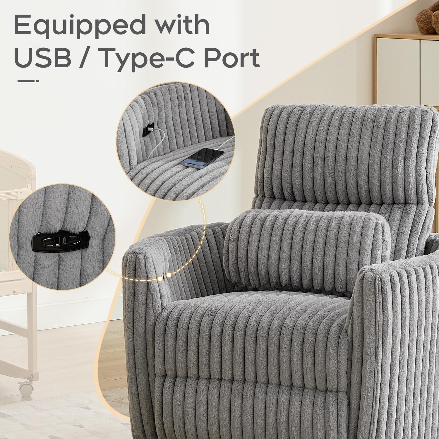 Power Nursery Rocking Chair Swivel Glider Reclining Chairs with 2 Pillows, Nursery Glider Rocking Recliner with Type-C & USB Charger Port, Corduroy Upholstery Armchair for Living Room/ Light Grey