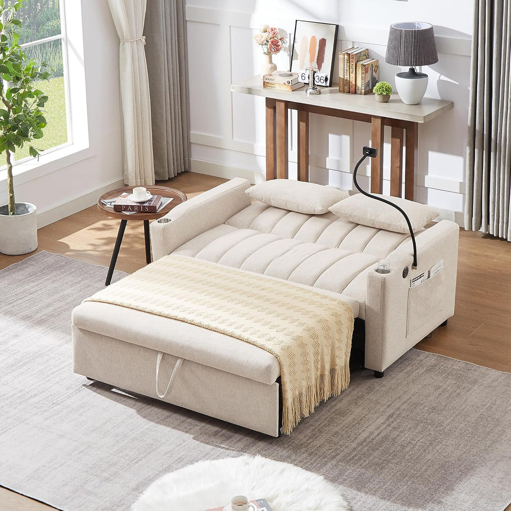 LUMISOL 3-in-1 Convertible Sleeper Sofa Bed, 55.9' Loveseat Pull Out Bed with USB Ports, Cup Holders, Swivel Stand & Storage Pockets, Modern Tufted Sofa Bed with Pillows, Beige