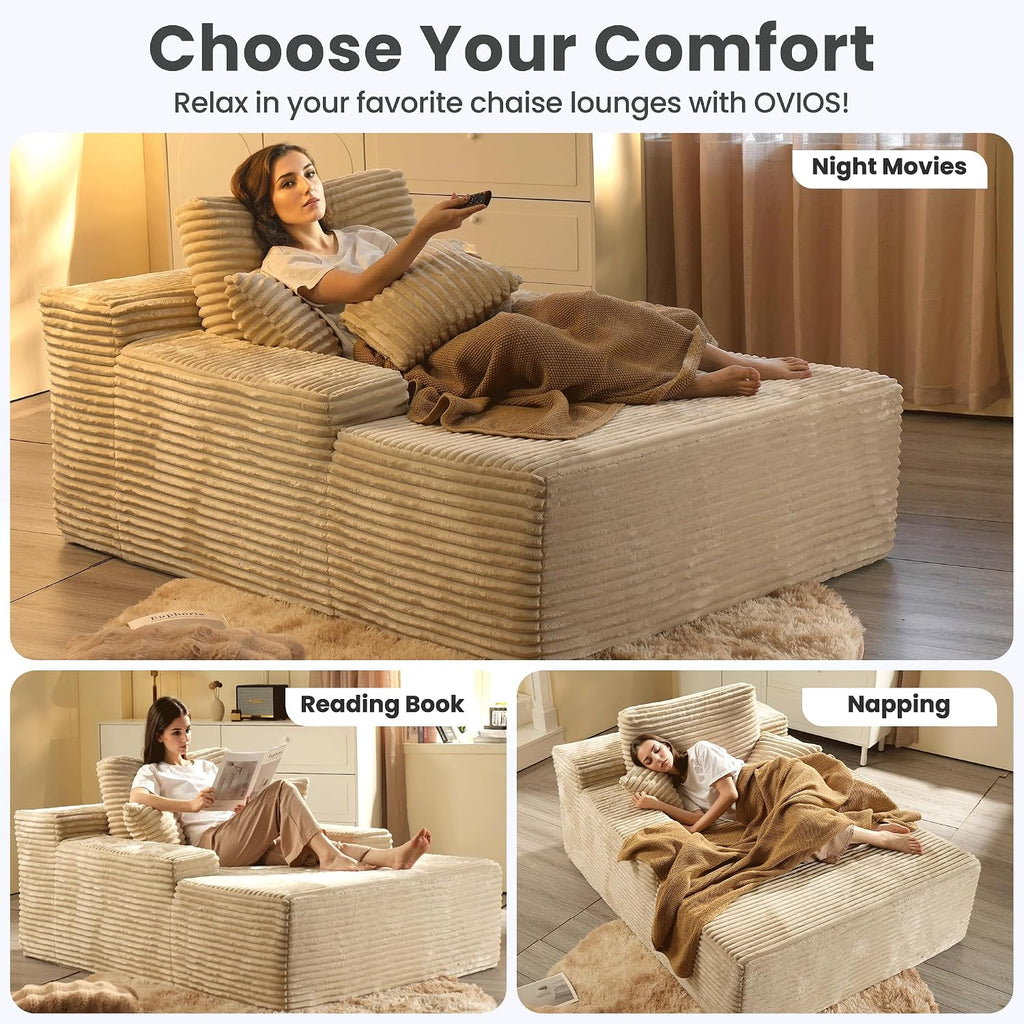 ovios 67'' Chaise Lounge Chair Indoor, Oversized Upholstered Boneless Sofa Bed, Deep Seat Sleeper Couch, Plush Cloud Sofas Couches for Living Room, No Assembly Required (Faux Fur, Beige)