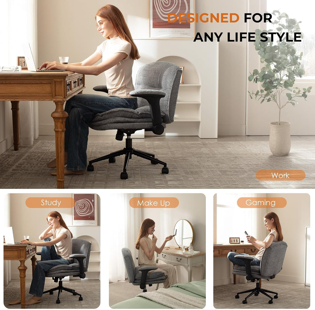 Dowinx Criss Cross Chair with Adjustable Flip-up Arms and Wheels, Comfort Ergonomic Office Desk Armchair with 3 Layer Cushions, Wide Seat Vanity Chair for Home Office, Living Room, Bedroom, Gray