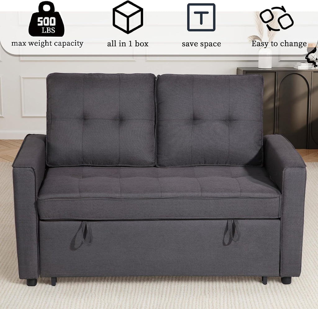 EJUNQ Pull Out Couch, Convertible Sofa Bed with USB and Reclining Backrest, Modern 3 in 1 Sleeper Sofa Couch Bed with Side Pockets, Comfortable Loveseat Sleeper for Small Spaces.(Dark Grey)