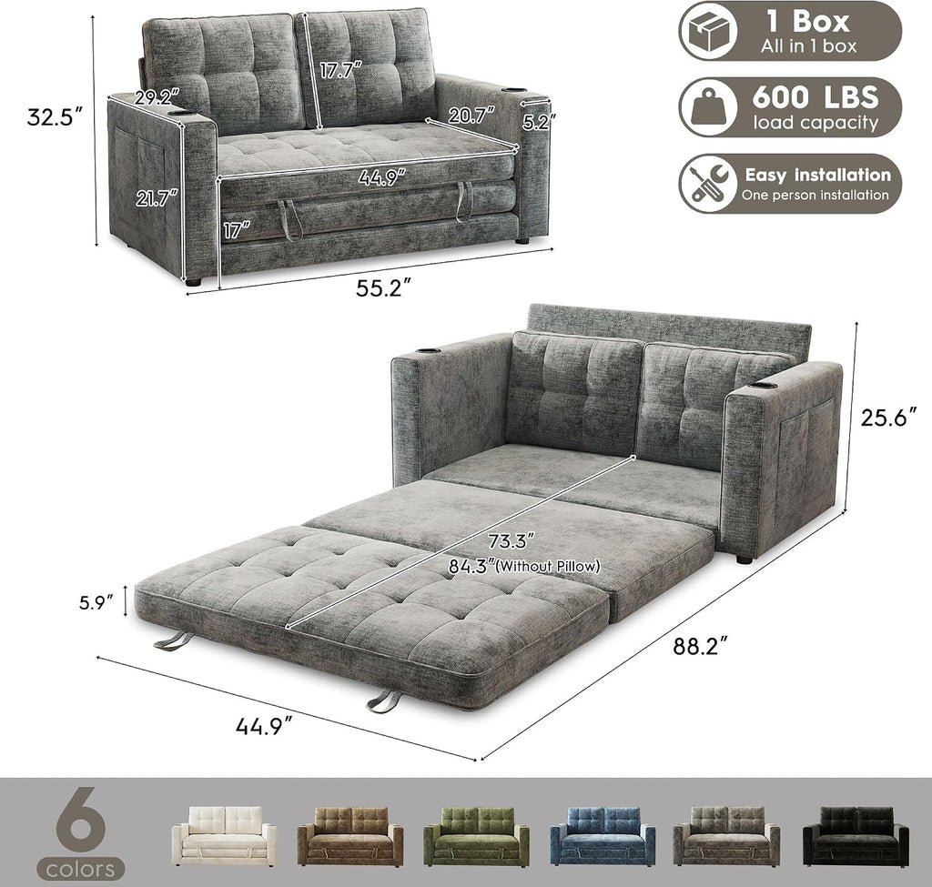 55' Convertible Folding Sofa Bed, Pull Out Couch Love Seat Sleeper Bed, Small Fold Out Loveseat sleeper with Cup Holder and Pillow for Small Space, Bedroom Lounge, Dorm, Living Room(Grey Chenille)