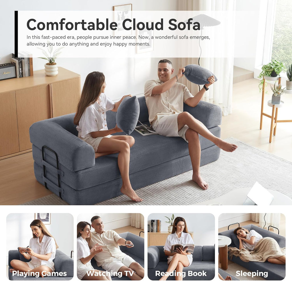 Sofa Bed, Corduroy Sleeper Sofa Bed with Fixed Frame, Floor Sofa Lounge with Pillow, Convertible Folding Mattress Couch for Living Room, Bedroom, Lounge, Studio (Dark Gray)
