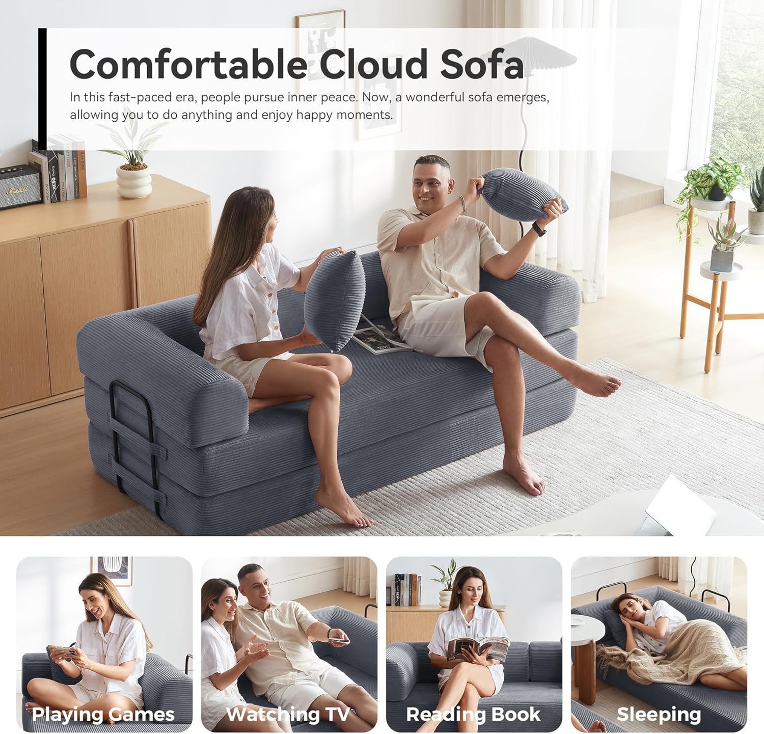 Sofa Bed, Corduroy Sleeper Sofa Bed with Fixed Frame, Floor Sofa Lounge with Pillow, Convertible Folding Mattress Couch for Living Room, Bedroom, Lounge, Studio (Dark Gray)