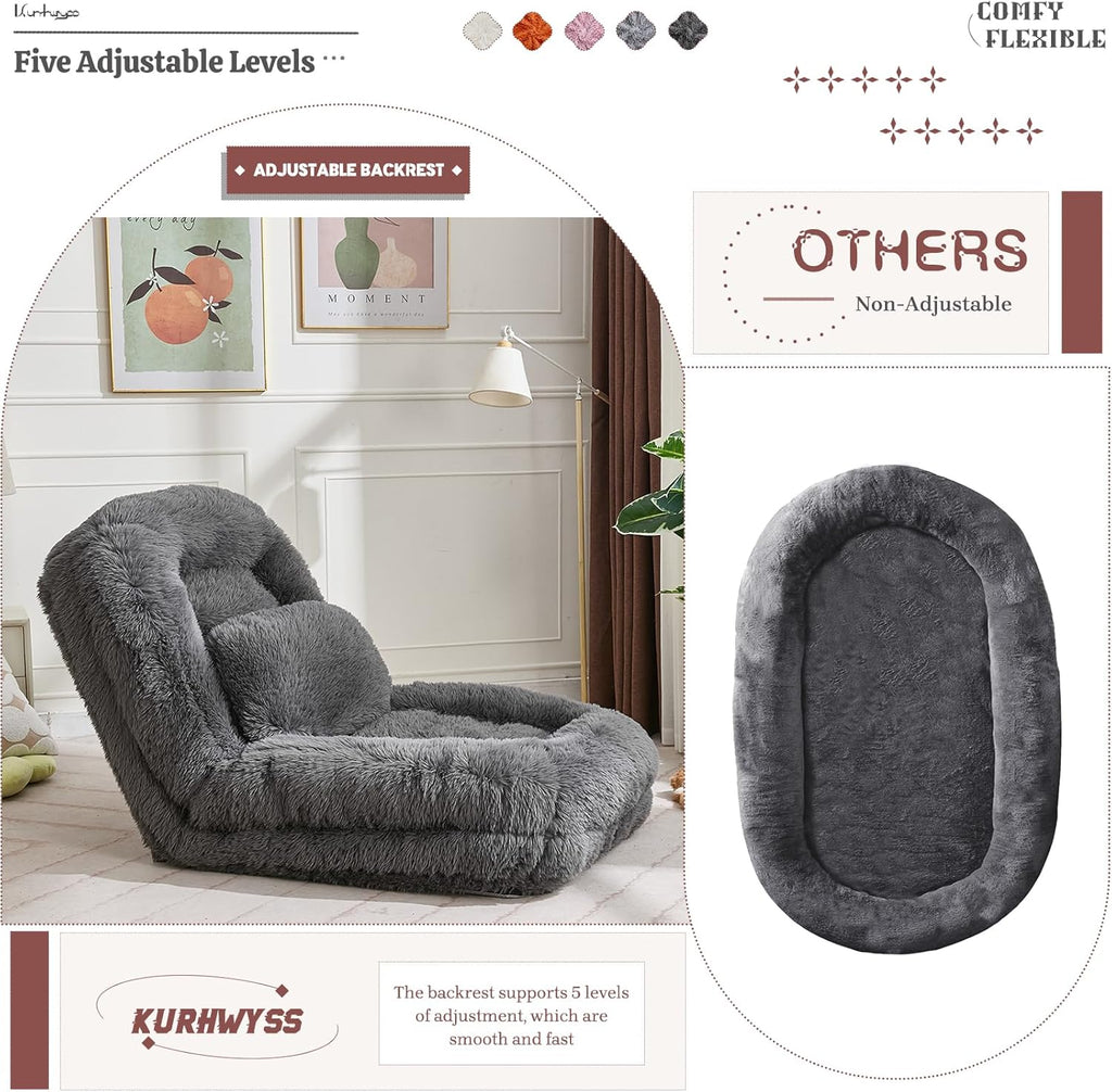 Upholstered Human Dog Bed for Adult & Pets, Convertible Lazy Sofa Bed with 5 Adjustable Position, Comfy Tatami Bean Bag Lounge Chair with a Soft Pillow for Bedroom Living Room (Dark Gray Fluffy)