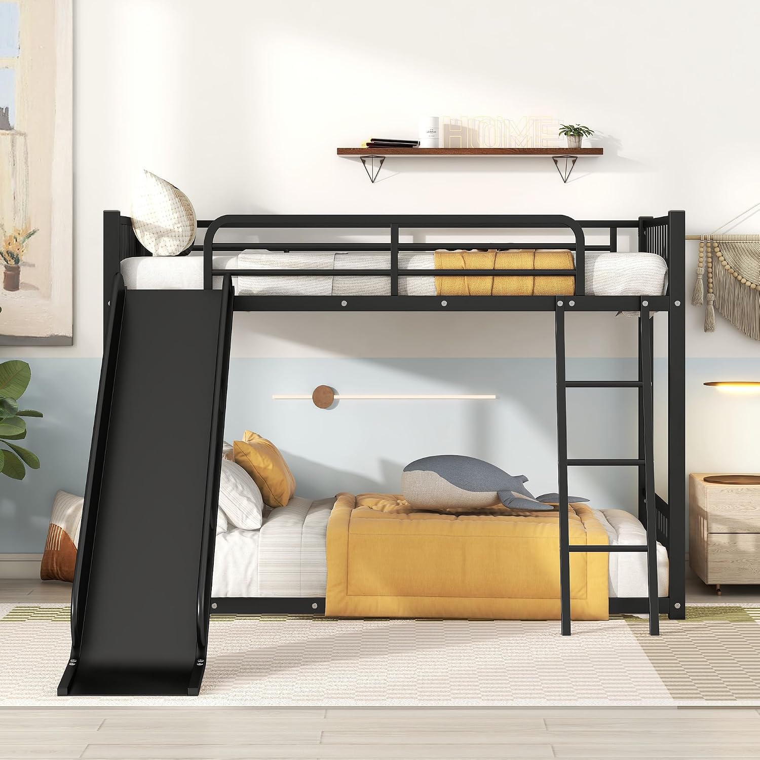 Harper & Bright Designs Twin Size Kids Low Bunk Bed with Slide and Ladder, Twin Metal Floor Bunk Bed Frame for Kids Teens, No Box Spring Needed (Black)