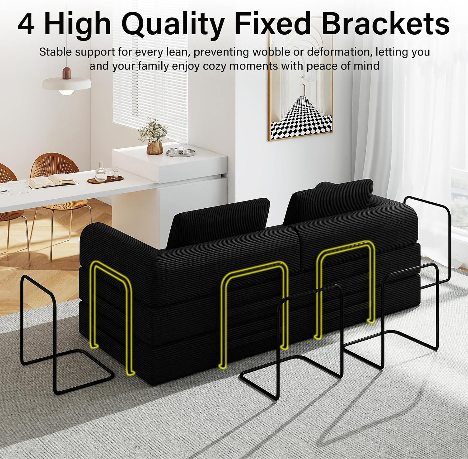 78'' Sleeper Couch Bed for Living Room, Convertible Modular Sofa with Fixed Frame and Side Pocket, Corduroy Futon Boneless Couches in a Box, No Assembly, Black