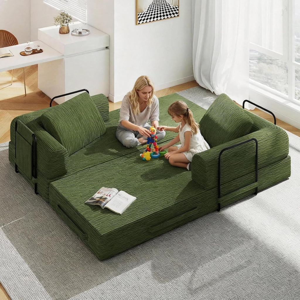 78'' Sleeper Couch Bed for Living Room, Convertible Modular Sofa with Fixed Frame and Side Pocket, Corduroy Futon Boneless Couches in a Box, No Assembly, Green