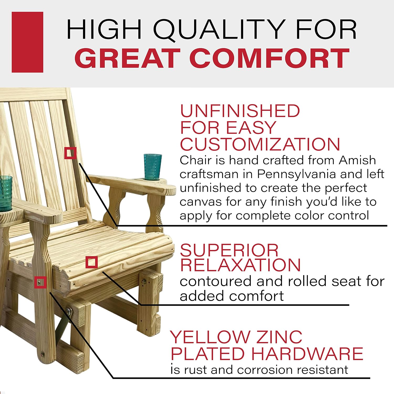 Amish Casual Heavy Duty 600 Lb Mission High Back Treated Glider Chair with Cupholders (Unfinished)