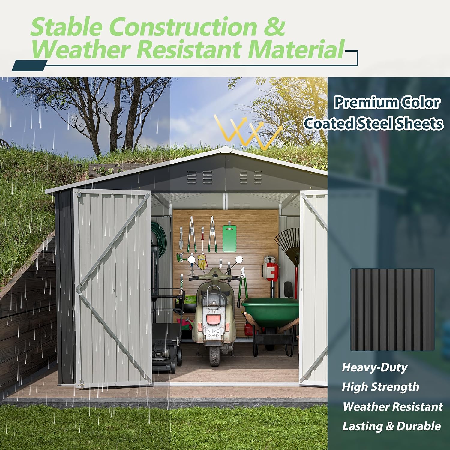 YOPTO 10 x 10 FT Outdoor Storage Shed,Heavy Duty Tool Sheds Metal Storage Garden Shed with Sloped Roof and Lockable Doors,Large Metal Storage Sheds for Backyard Patio Lawn, Black