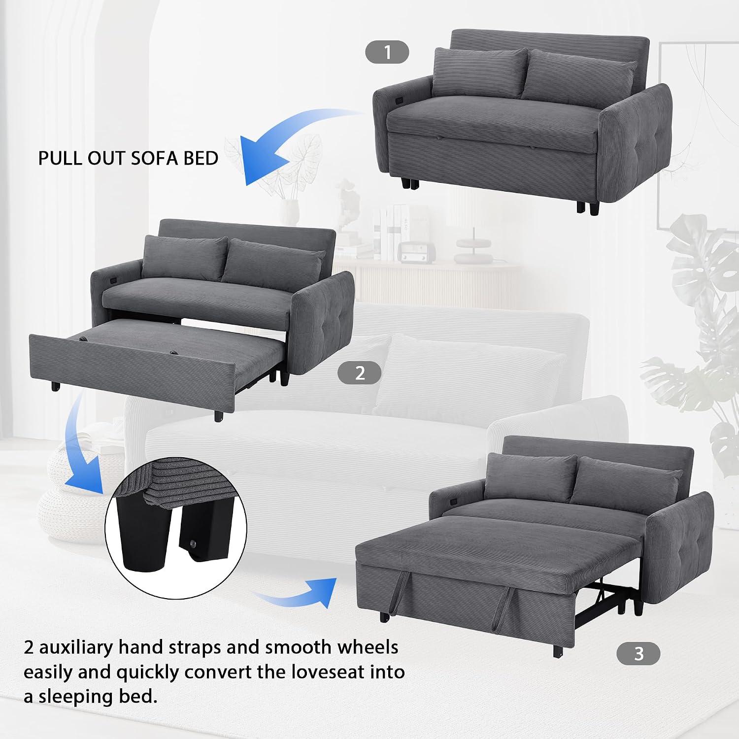 Merax Pull-Out Sofa Bed with Adjustable Backrest and Two Throw Pillows, 2 Seat Loveseat Lounge & Type C and USB Ports, 3 in 1 Convertible Sleeper Couch for Living Room, Dark Grey