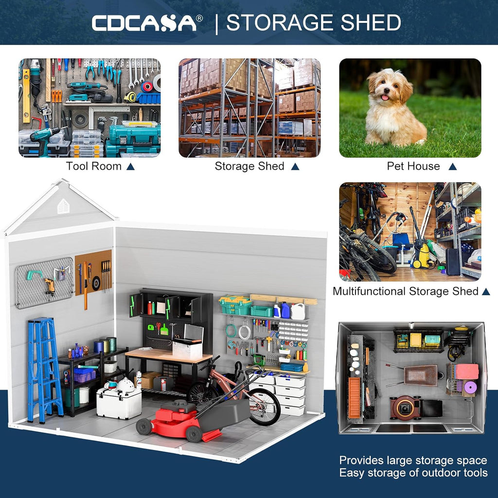 CDCASA 8x6 FT Resin Storage Shed, Large Waterproof Outside Plastic Tool Storage Sheds with Floor & Adjustable Openable Windows, Lockable Door for Backyard Patio Lawn, Dove Grey