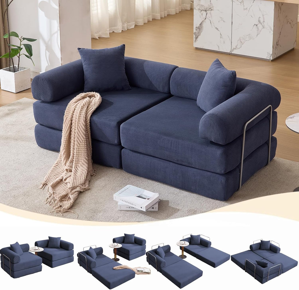 73' Convertible Modular Folding Sofa Bed, 5-in-1 DIY Combination Fold Out Sleeper Sofa Bed, Loveseat sleeper Couch with Removable Armrests, Corduroy Floor Couch, Small couches for small spaces, Blue