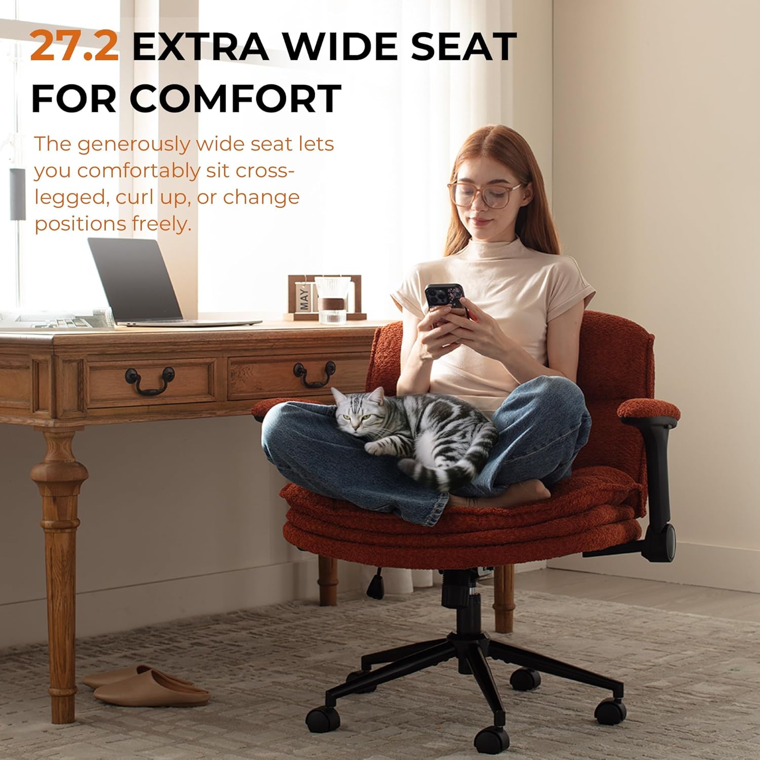 Dowinx Criss Cross Chair with Adjustable Flip-up Arms and Wheels, Comfort Ergonomic Office Desk Armchair with 3 Layer Cushions, Wide Seat Vanity Chair for Home Office, Living Room, Bedroom, Orange