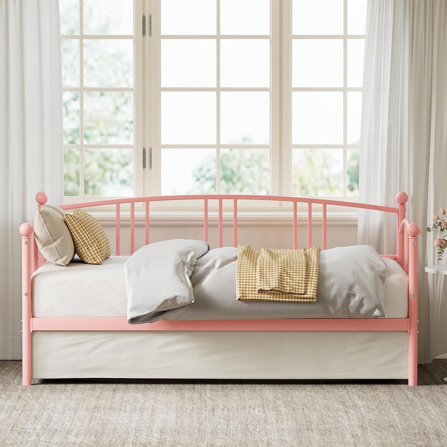 IDEALHOUSE Twin Daybed Without Trundle, Metal Twin Size Daybed, Steel Slat Support Sofa Bed for Living Room, Bedroom, Guest Room (Pink-Without Trundle)