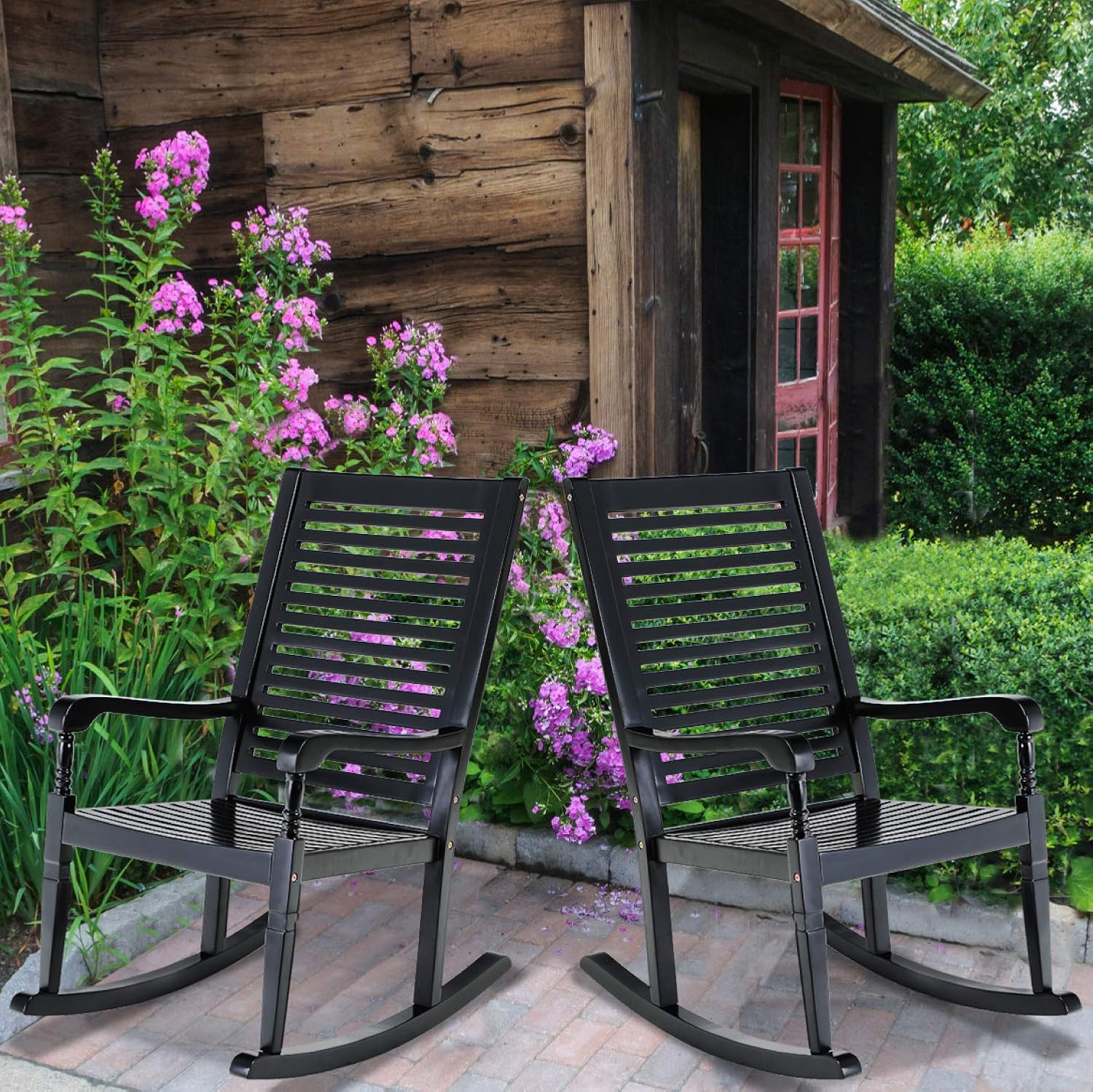 PHI VILLA Outdoor Rocking Chairs Set of 2, Acacia Wood Rocker Chairs for Patio, Deck, Balcony or Porch, 30° Safe Recline Support 350lbs - Black