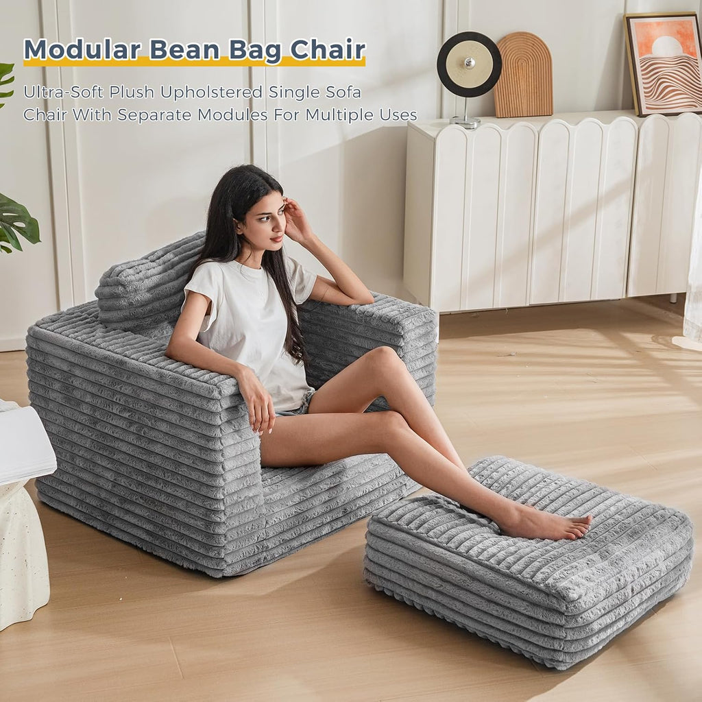 MAXYOYO Bean Bag Chair for Adults, Upholstered Floor Sofa with Pillows and Armrests, Bean Bag Sofa Plush Chair Couch for Bedroom Living Room, Dark Grey
