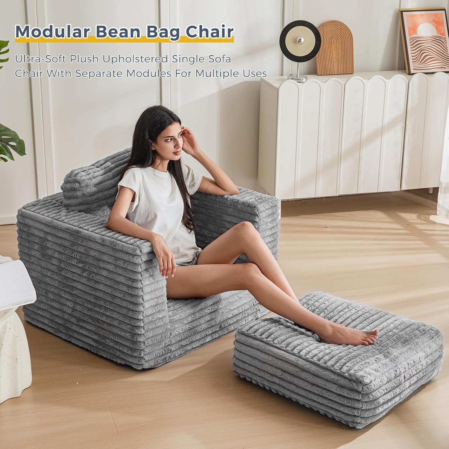 MAXYOYO Bean Bag Chair for Adults, Upholstered Floor Sofa with Pillows and Armrests, Bean Bag Sofa Plush Chair Couch for Bedroom Living Room, Dark Grey