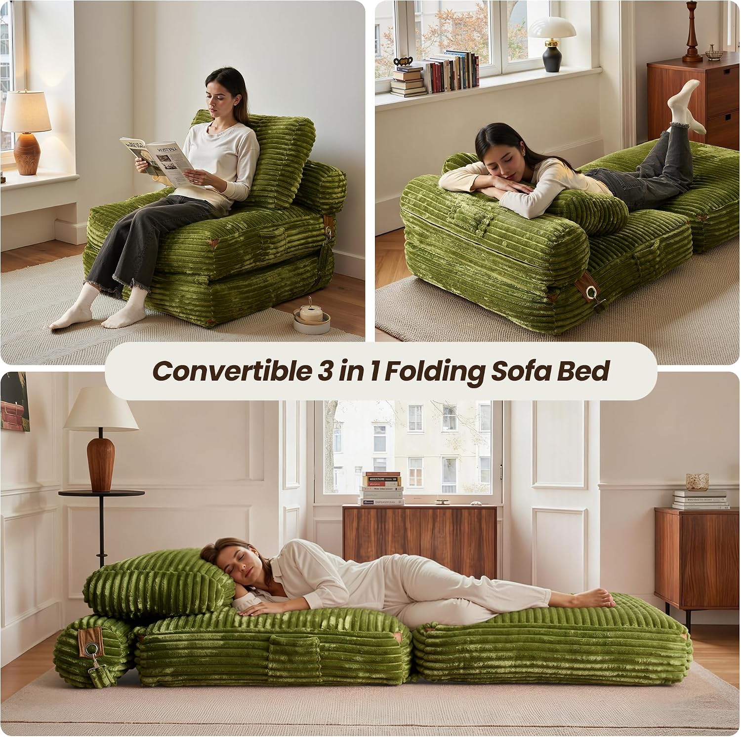 ovios Folding Sofa Bed, Foldable Sleeper Chair Floor Futon, Comfy Portable Convertible Fold Out Lounge Chairs for Living Room Bedroom, Green