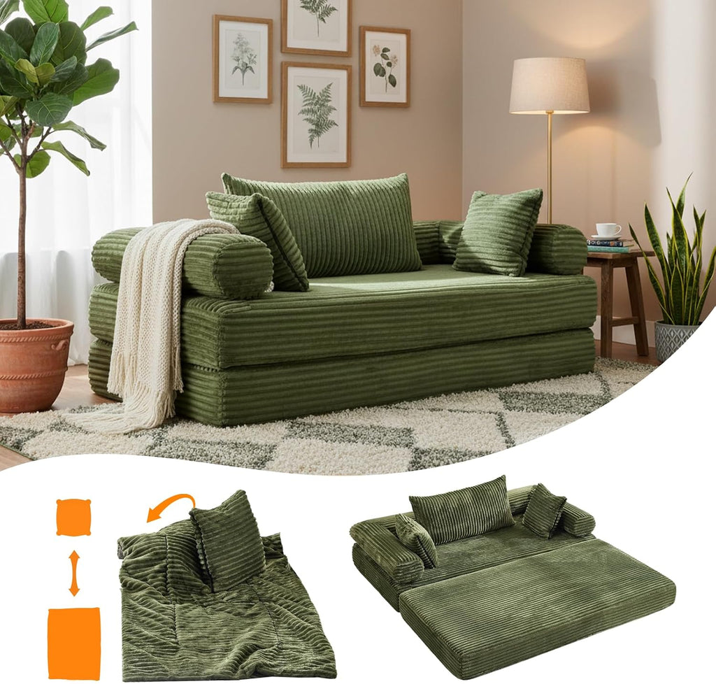 VINGLI Convertible Futon Sofa Bed, Upholstered Corduroy Boneless Couch King Size Floor Loveseat Sleeper Sofa with 2-in-1 Throw Pillow & Blanket Couches for Living Room, Bedroom, Lounge, Green