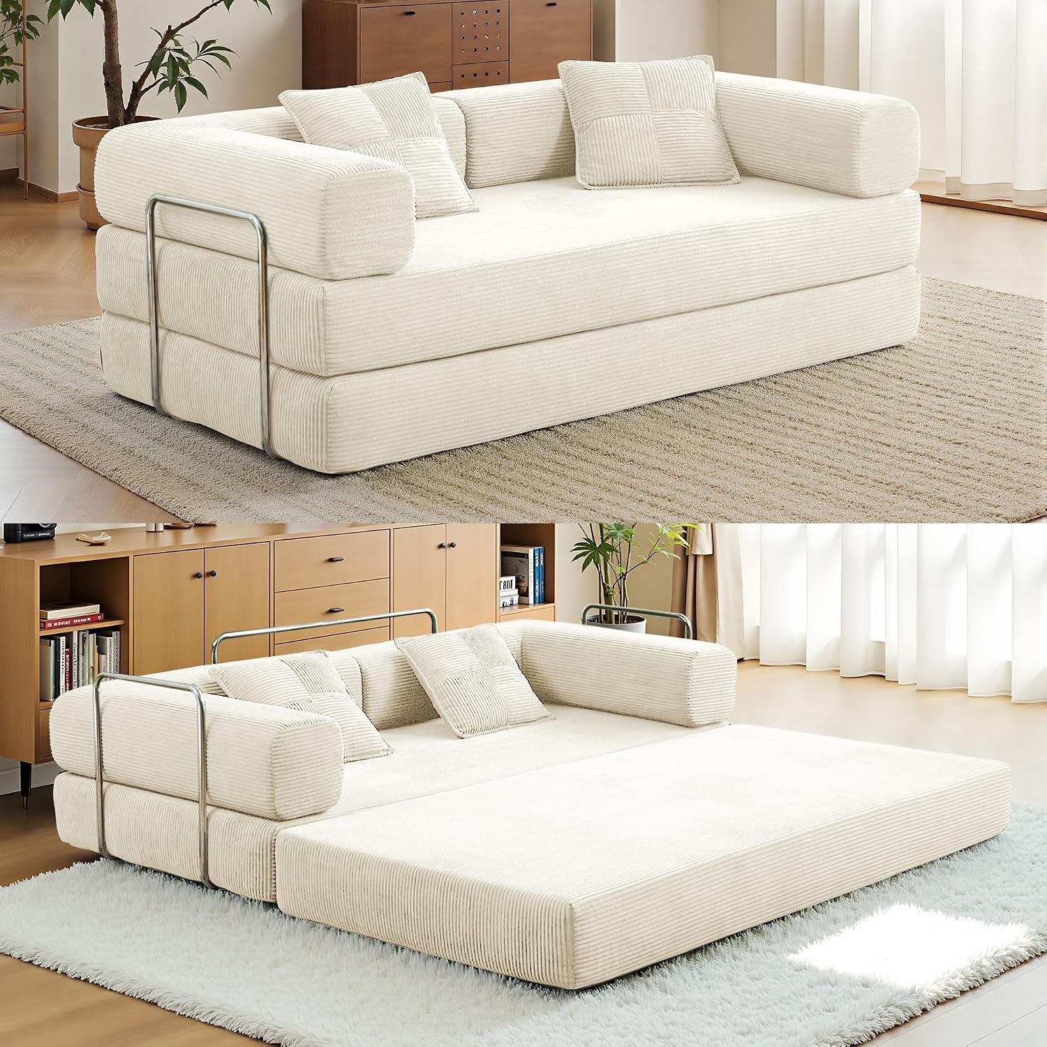 Compression Sofa - 78''Convertible Floor Sofa Bed - with Pillow Back Support Armrest - Comfy Foldable Sofa Bed Compressed Sofa in Box - Corduroy Fabric - for Living Room Bedroom - Off White