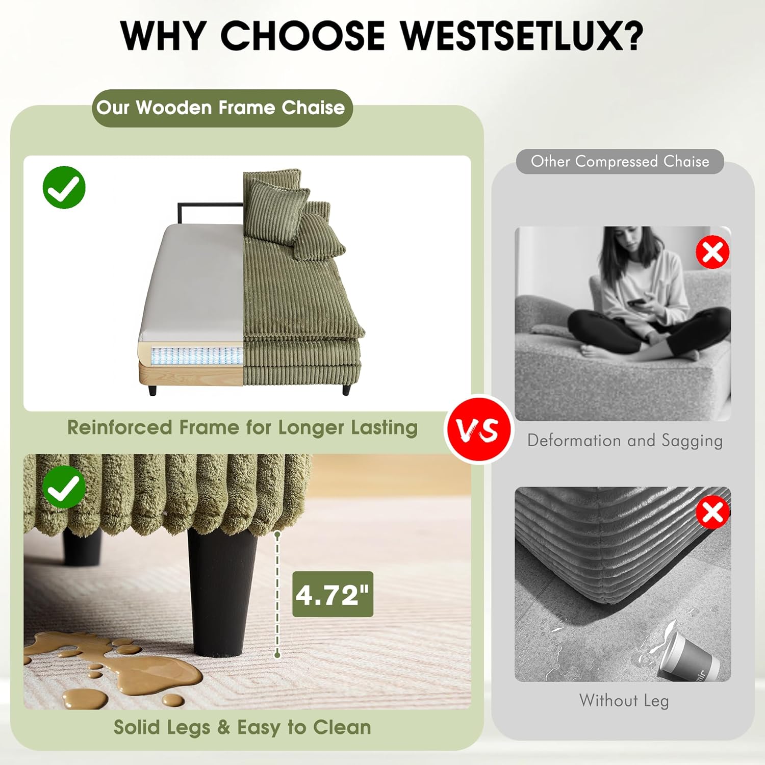 WESTSETLUX 54.8' W Oversized Chaise Lounge Chair Indoor with 5-Position Adjustable Backrest, Corduroy Sleeper Sofa Bed with 3 Pillows, Modern Cloud Couch Chair for Living Room, Bedroom, Green