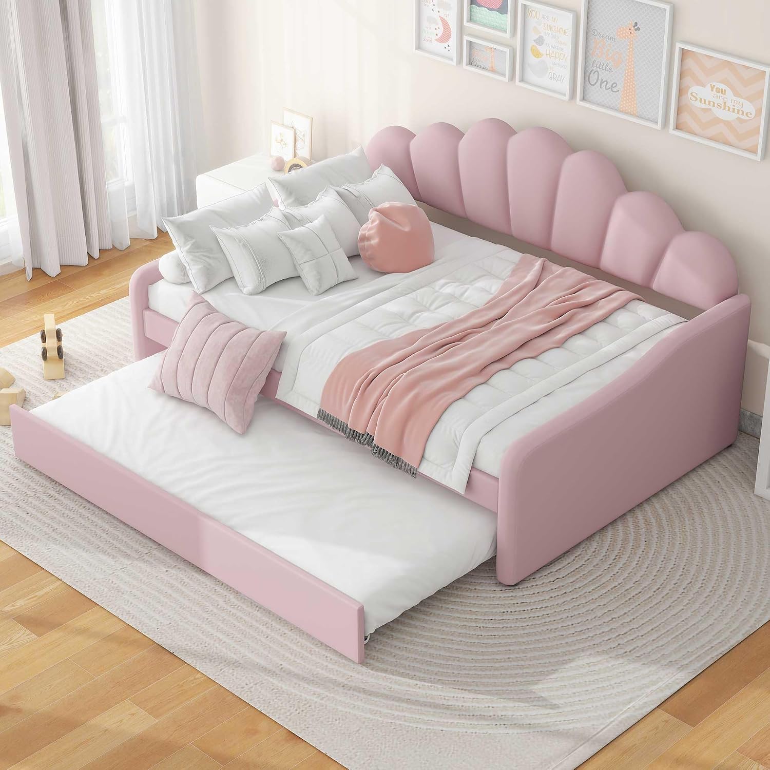 Bellemave Full Size daybed with Trundle, Sofa Bed Full Size, daybed with Trundle for Adults, Kids, Girls, Teens, Trundle Bed for Living Room, Velvet, Pink(Mattress not Included)