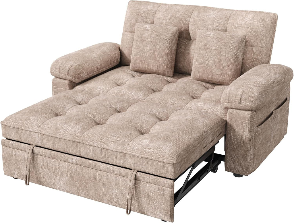 Keyluv 59' Loveseat Sleeper Sofa with USB Ports & Side Pockets, 3 in 1 Convertible Sofa Bed for Living Room/RVs/Camper, Pull Out Couch with Adjustable Backrest, Chenille Khaki