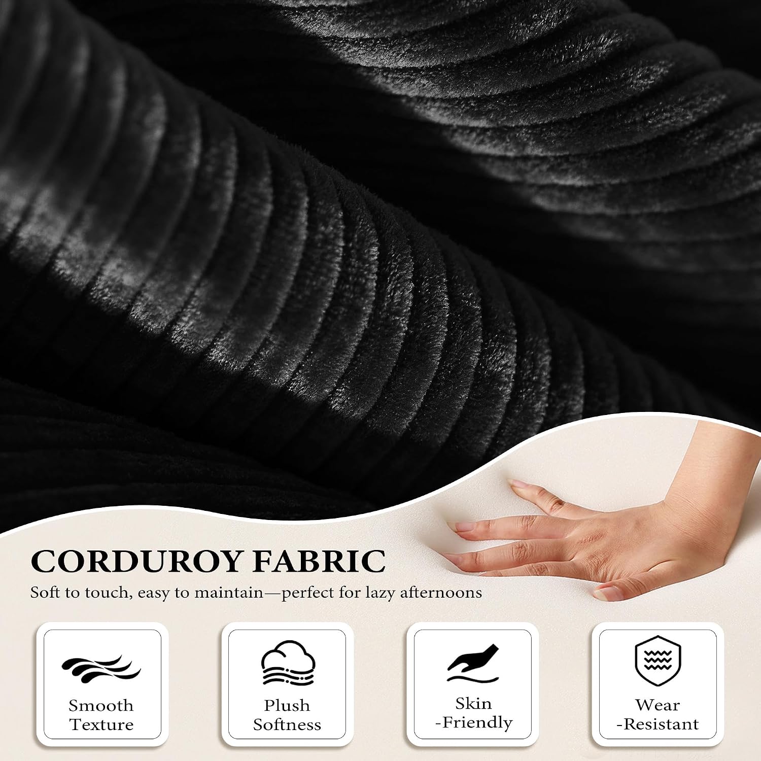 Boneless Couch Futon Sofa Bed Sectional Couches for Living Room,Cloud Couch with Sleeper Sofa,Sofas for Living Room Oversized Corduroy Upholstered (Black, 81 Inches (with Iron Frame))