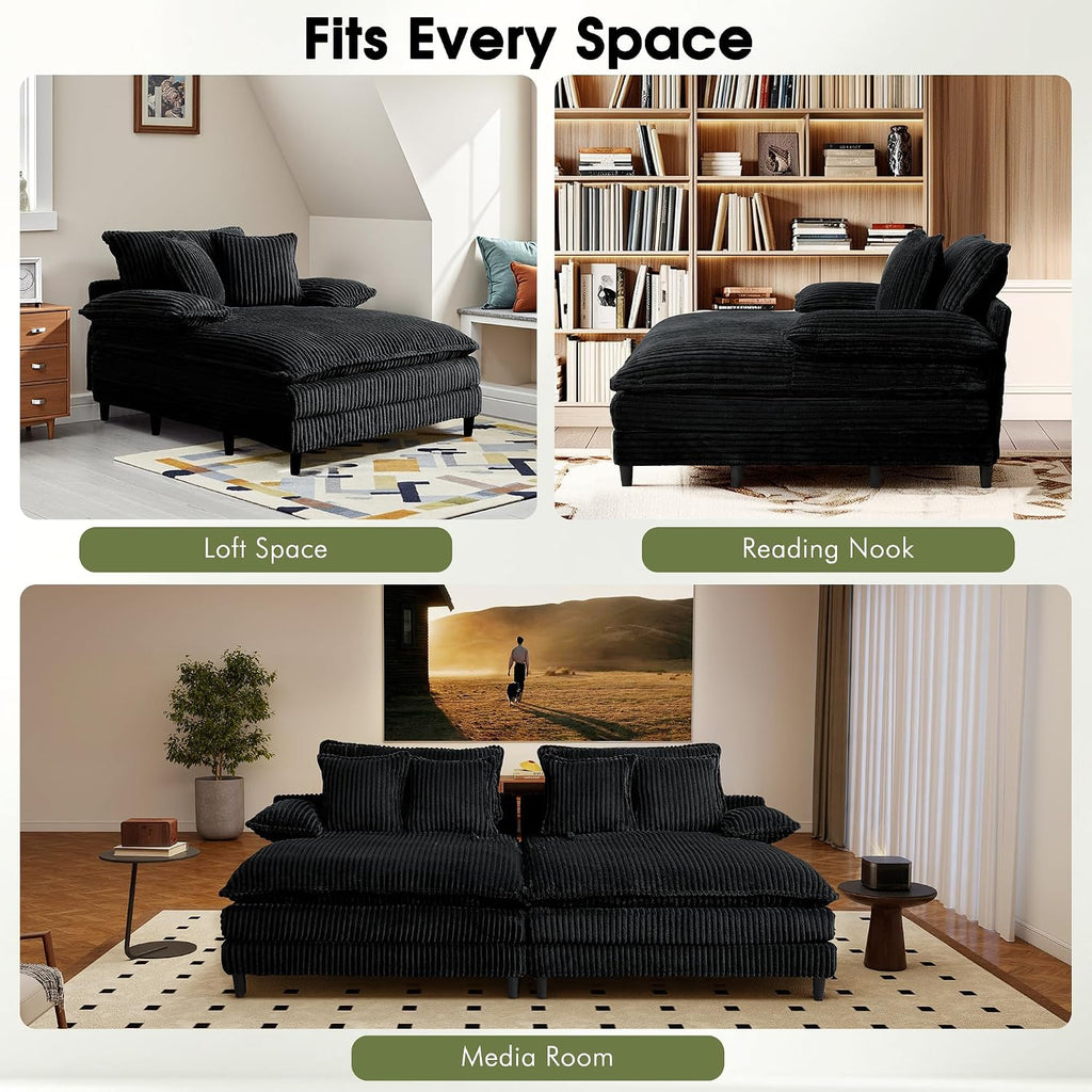 WESTSETLUX 54.8' W Oversized Chaise Lounge Chair Indoor with 5-Position Adjustable Backrest, Corduroy Sleeper Sofa Bed with 3 Pillows, Modern Cloud Couch Chair for Living Room, Bedroom, Black