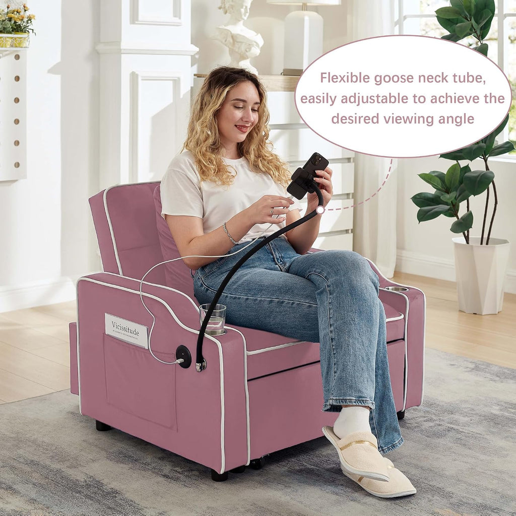 Convertible Armchair Sofa Bed with USB Port & Phone Holder, Pull-Out Single Chair Bed Sleeper for Small Spaces, Modern Upholstered Recliner Chair (Pink)