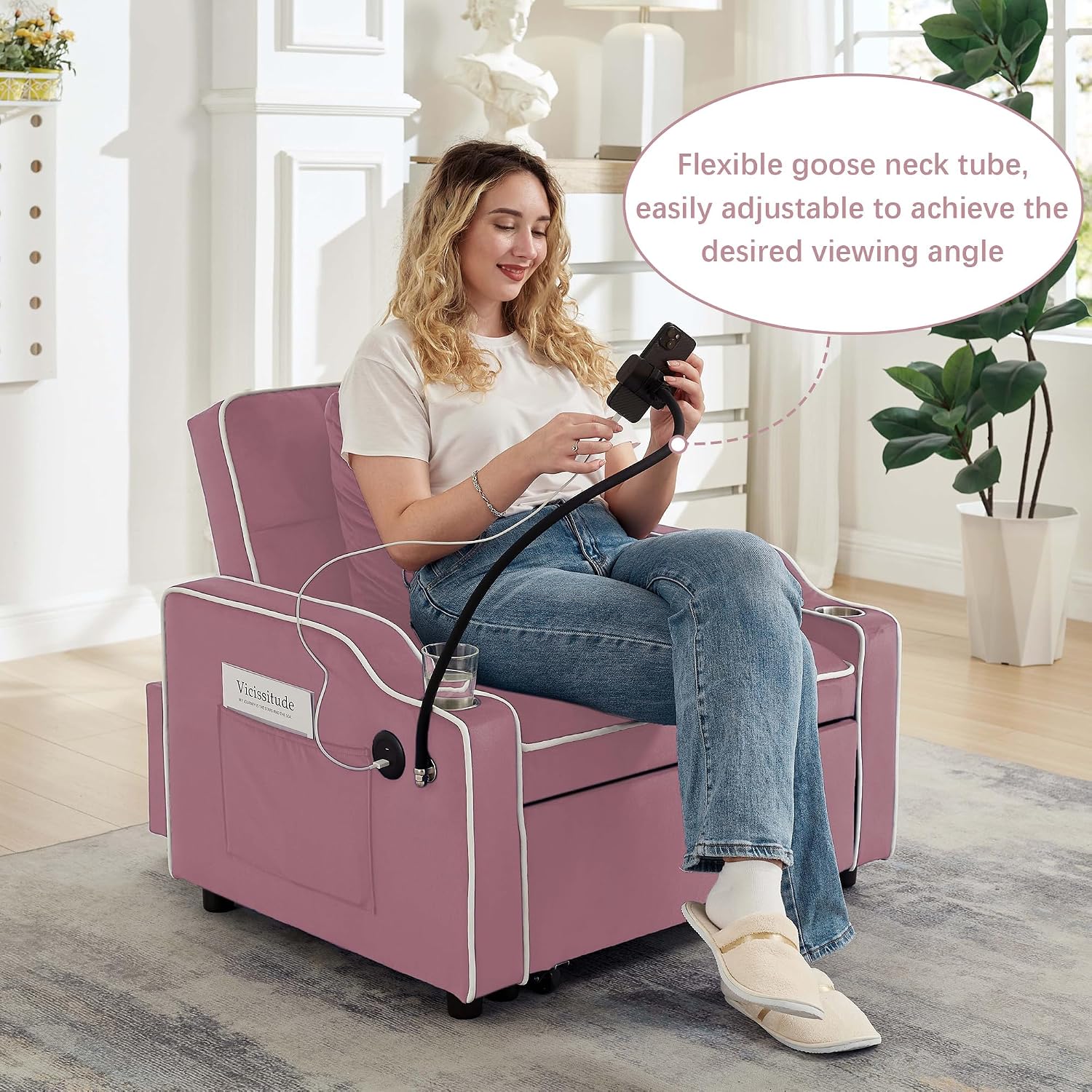 Convertible Armchair Sofa Bed with USB Port & Phone Holder, Pull-Out Single Chair Bed Sleeper for Small Spaces, Modern Upholstered Recliner Chair (Pink)