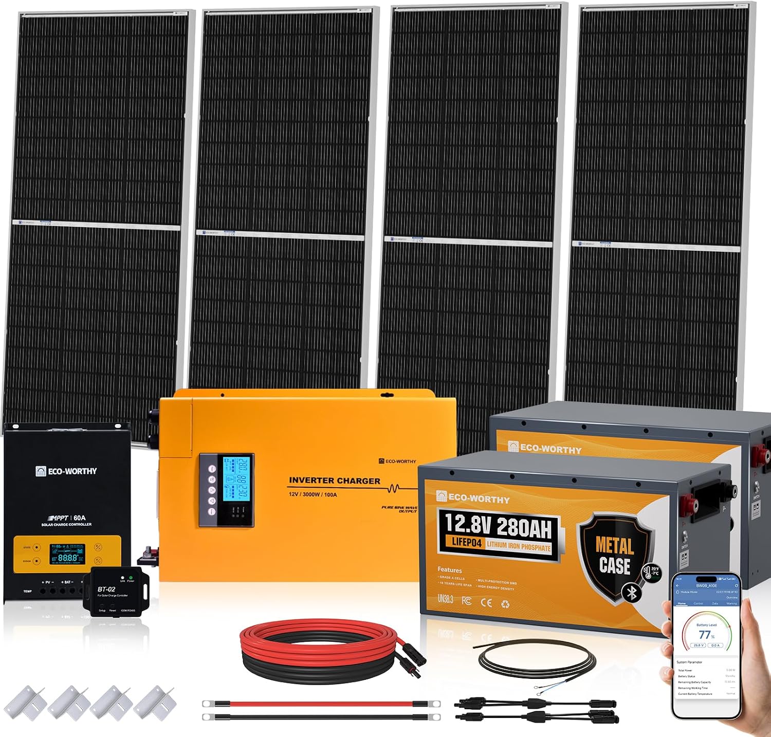 ECO-WORTHY 7.168KWH 800W Solar Panel Kit for RV Off Grid Complete System with 4PCS 200W Solar Panels, 3000W UPS Inverter Charger, 2PC 12.8V 280AH Lithium Batteries, 60A MPPT Controller Bluetooth