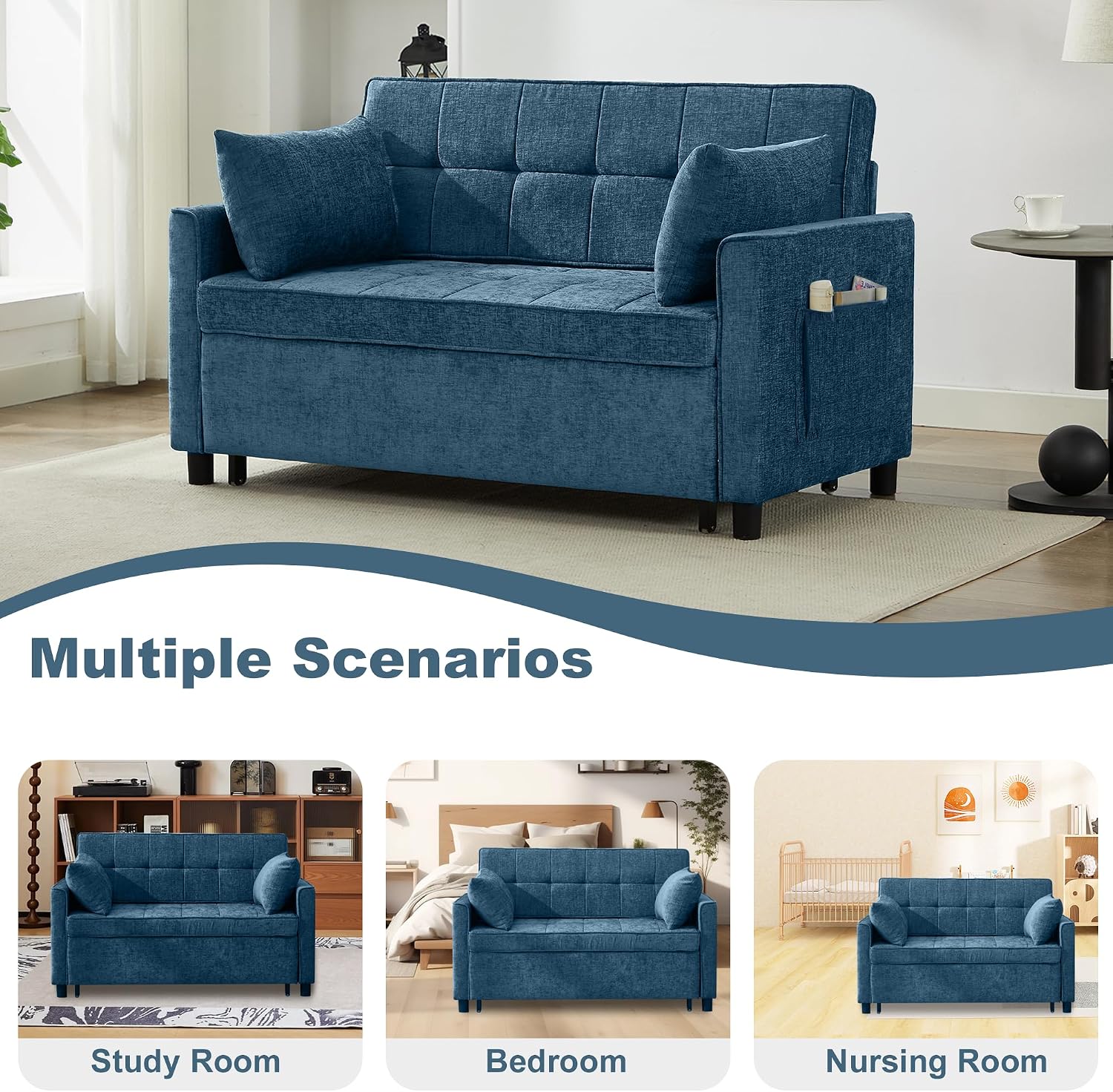 Tbfit 57' Love Seat Sleeper Bed, Convertible Pull Out Couch Bed, Chenille Loveseat Sofa Bed with USB & Adjustable Backrest, Full Size Pull Out Couches for Living Room, Apartment, Office, Dorm, Blue