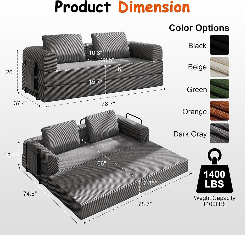 78' Convertible Sofa Bed, 5-in-1 Boneless Sleeper Sofa with with Fixed Frame & Pocket, Corduroy Pull Out Couch with 2 Pillows, Couch Bed for Living Room, Small Spaces, Bedroom, No Assembly