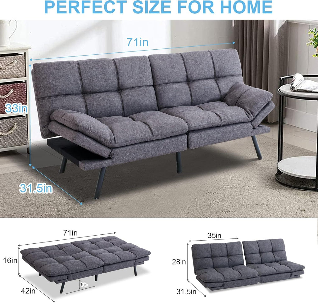 Opoiar Futon Convertible Sofa Bed With Memory Foam - Sleeper Loveseat, Breathable Linen, Adjustable Lounge Couch With Metal Legs for Compact Living Spaces, Dark Grey