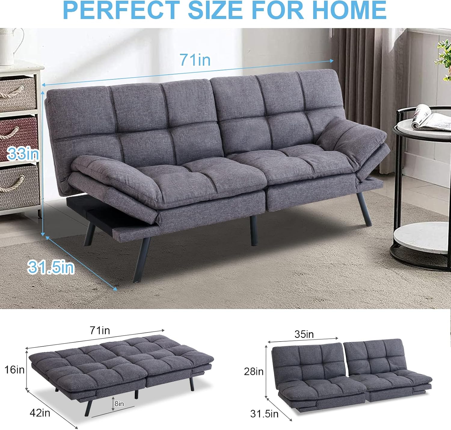 Opoiar Futon Convertible Sofa Bed With Memory Foam - Sleeper Loveseat, Breathable Linen, Adjustable Lounge Couch With Metal Legs for Compact Living Spaces, Dark Grey