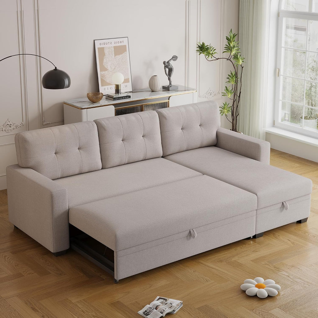 Ball & Cast Convertible Sectional Sleeper Sofa Bed L Shaped,4 in 1 Pull Out Couch with Reversible Storage Chaise & Removable Back Cushions,Sleeper Corner Pull Out Sofa Bed Couch for Living Room,Office